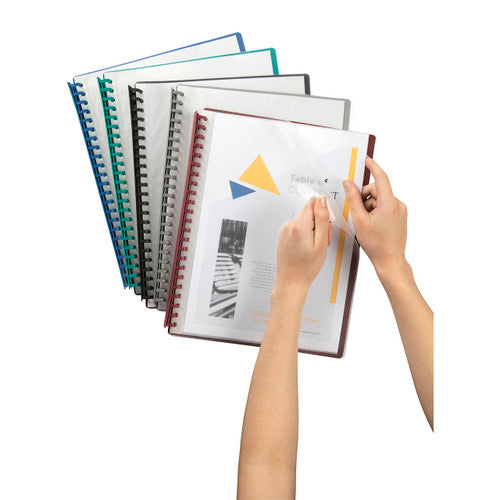 Box of 12 Marbig A4 display books in assorted colours laid out on a flat surface