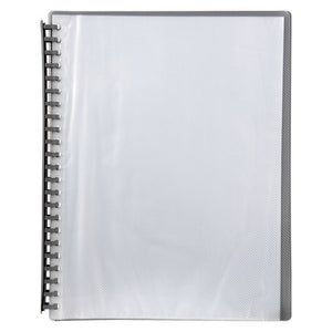 Marbig refillable display book 2007211 closed and face on, a transparent front cover over the clear A4 pockets with the grey back cover and grey spiral spine showing at the edges.