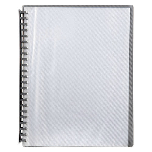 Marbig Refillable Display Book 20 Pocket A4 showing clear front cover and grey back cover