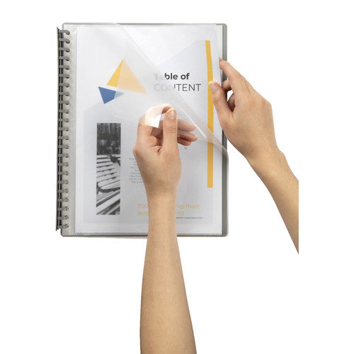 Side view of Marbig 20 Pocket Display Book closed, highlighting the grey back cover and spine