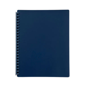 Marbig refillable display book 2007027 closed and photographed face on, a deep dark blue A4 cover with the matching spiral spine running down the left edge.