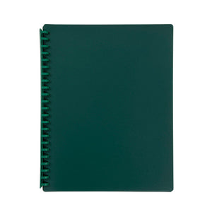 Marbig refillable display book 2007028 closed and seen face on, a deep green A4 cover with the matching dark green spiral spine running down the left edge.