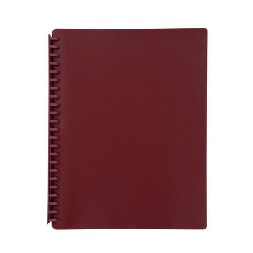 Marbig refillable display book 2007021 shown closed and face on, a deep maroon A4 cover with the matching maroon spiral spine down the left hand edge.