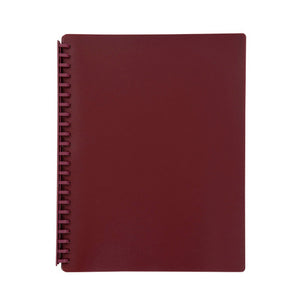 Marbig refillable display book 2007021 shown closed and face on, a deep maroon A4 cover with the matching maroon spiral spine down the left hand edge.