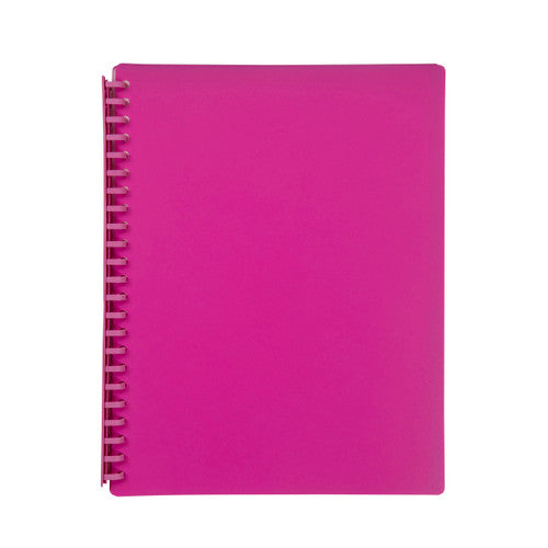 Marbig 2007009 A4 refillable display book closed, bright magenta pink cover with a pink spiral spine down the left edge