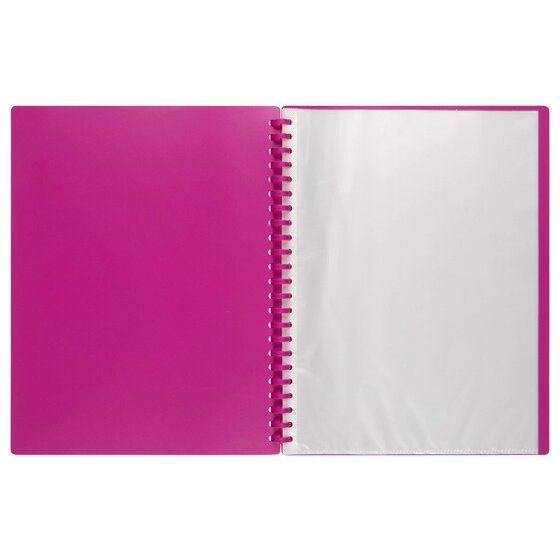 Pink Marbig refillable display book lying open flat, pink inside cover on the left and clear pockets on the right of the spiral