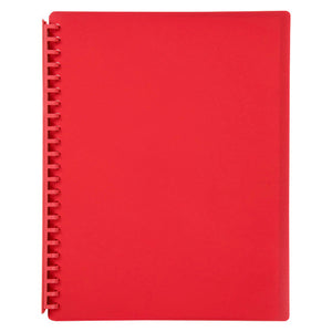 Marbig 2007003 red A4 refillable display book, closed, with a solid red cover and a red spiral spine down the left edge