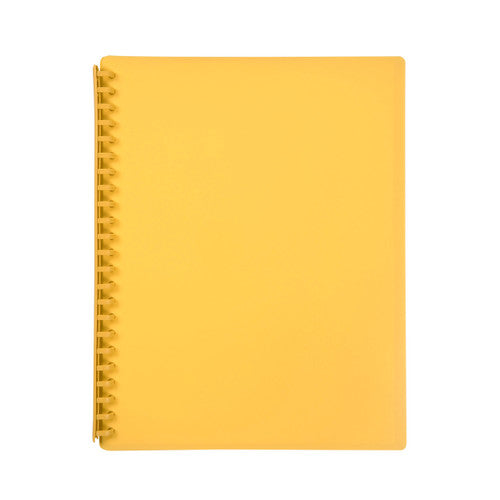 Marbig Refillable Display Book 20 Pocket A4 in yellow showing front cover and clear document pockets