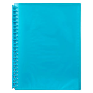 Marbig 2007301 refillable A4 display book closed, translucent marine blue cover with a matching marine spiral spine on the left