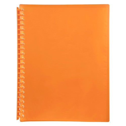 Marbig 2007306 A4 refillable display book closed, translucent orange cover with an orange spiral spine down the left edge