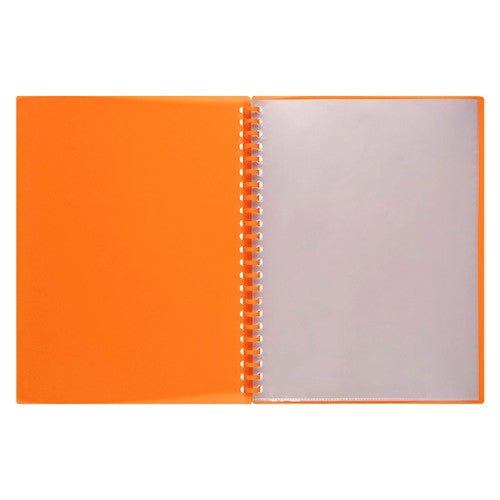 Marbig translucent orange display book lying open, orange inside cover on the left and a clear pocket over a white page on the right