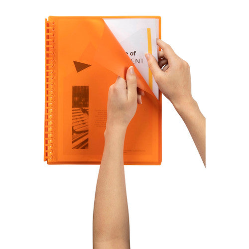 Two hands lifting the tinted orange front cover of a Marbig refillable display book to show a printed report page in the first pocket