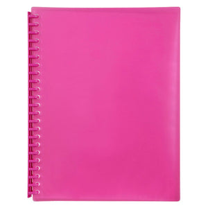 Closed Marbig 2007309 display book with a see through pink cover and a pink spiral spine running down the binding edge