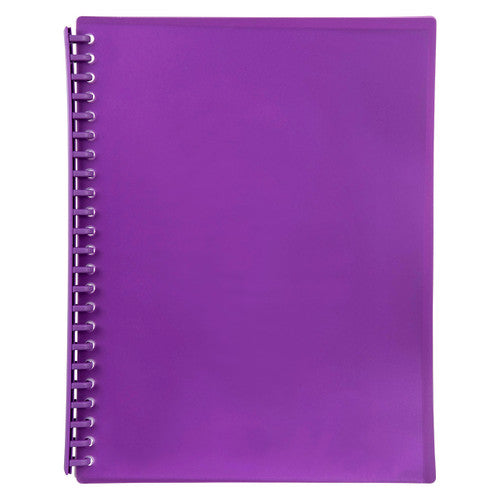 Marbig 2007319 refillable A4 display book shown closed, translucent purple cover and a purple spiral spine on the left