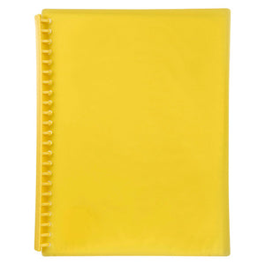 Marbig 2007305 A4 display book closed with a translucent yellow cover and yellow spiral spine along the binding edge