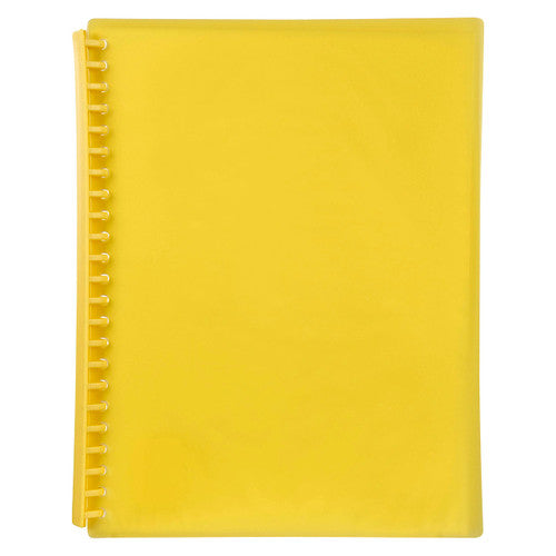 Marbig 2007305 A4 display book closed with a translucent yellow cover and yellow spiral spine along the binding edge