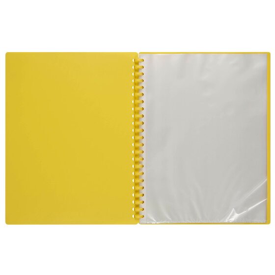Open yellow Marbig display book showing the yellow inside cover and a clear plastic pocket with a slight curl at the corner