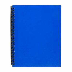 Marbig forty pocket refillable display book 2007401 closed and face on, a bright blue A4 cover with a black spiral spine running down the left hand edge.