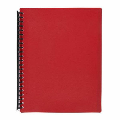 Marbig forty pocket refillable display book 2007403 closed and seen face on, a red A4 cover with a black spiral spine running down the left hand edge.
