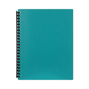 Marbig 2007404 green 40 pocket A4 display book closed, teal green cover bound on a black spiral spine