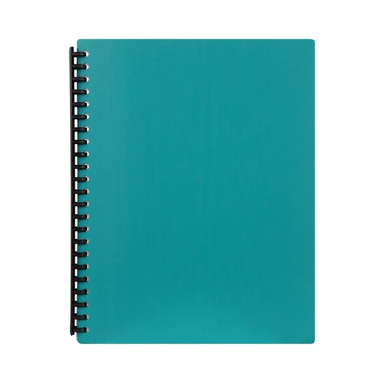Marbig 2007404 green 40 pocket A4 display book closed, teal green cover bound on a black spiral spine