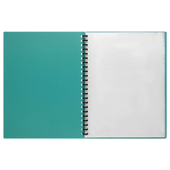Open Marbig green 40 pocket refillable display book with the green inside cover beside a clear pocket on a black spiral