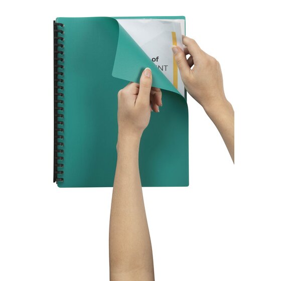 Hands turning back the green cover of a Marbig 40 pocket display book to show a printed page in the first clear pocket