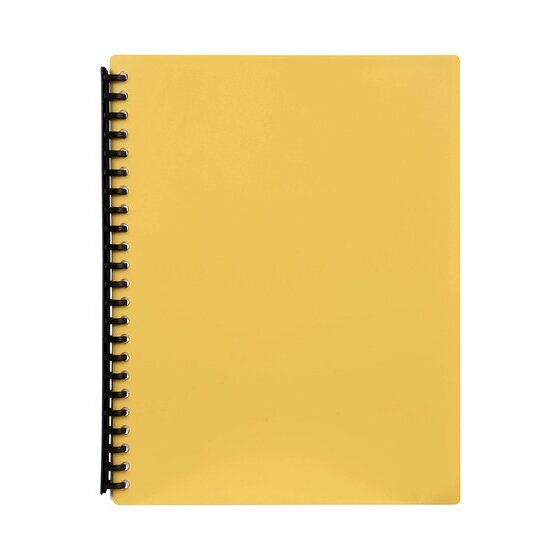 Marbig 2007405 yellow 40 pocket A4 refillable display book closed, mustard yellow cover with a black spiral spine