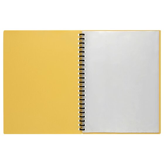 Marbig yellow 40 pocket display book lying open, yellow inside cover next to a clear pocket bound on a black spiral