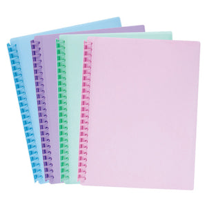 Four Marbig pastel refillable display books fanned out in blue, purple, green and pink, each with a matching spiral spine