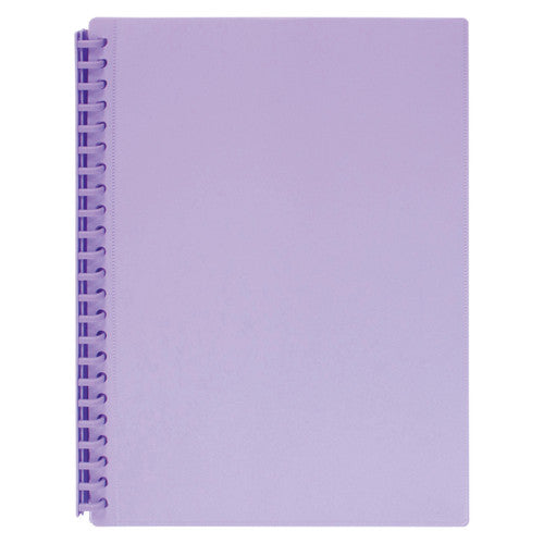 Purple Marbig pastel display book shown closed, soft lilac purple cover bound on a purple spiral spine