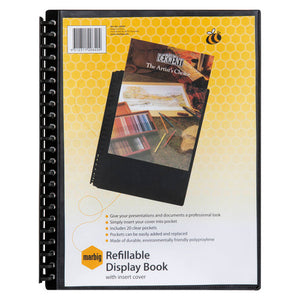 Marbig 2008402 retail pack in the yellow honeycomb design, reading marbig Refillable Display Book with insert cover, with a black book photographed over it and the printed lines about inserting your cover into the pocket