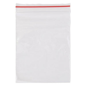 Single clear Marbig resealable polybag, 125 x 100mm, with a red line running along the resealable closure at the top