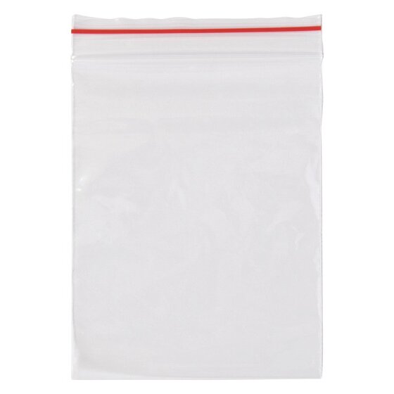 Single clear Marbig resealable polybag, 125 x 100mm, with a red line running along the resealable closure at the top