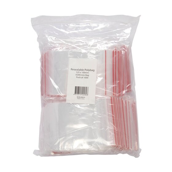 Marbig pack of 1000 resealable polybags with a white label reading 125 x 100mm, 0.045mm bag, Pack of 1000