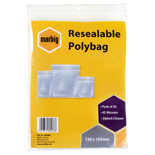 Marbig Resealable Polybag retail pack of 50 zip lock bags sized 130 x 155mm, yellow header with Pack of 50 and 45 Microns