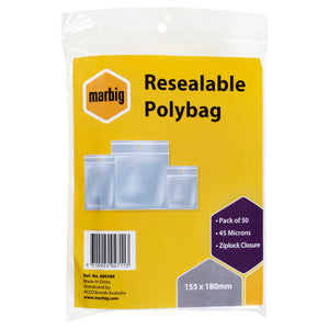 Marbig Resealable Polybag retail pack of 50 bags, 155 x 180mm, yellow header card printed with 45 Microns and Ziplock Closure