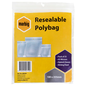 Marbig Resealable Polybag pack of 25, 180 x 255mm, yellow header listing Pack of 25, 45 Microns, Ziplock Closure and Writing Panel