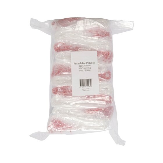 Marbig bulk pack of resealable polybags with a label reading Resealable Polybag 205 x 125mm, 0.045mm bag, Pack of 1000