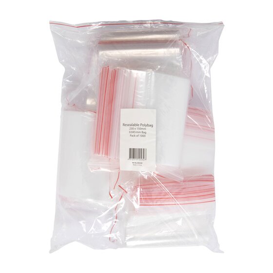 Marbig bulk bag of resealable polybags with a white label printed Resealable Polybag 230 x 150mm, 0.045mm bag, Pack of 1000