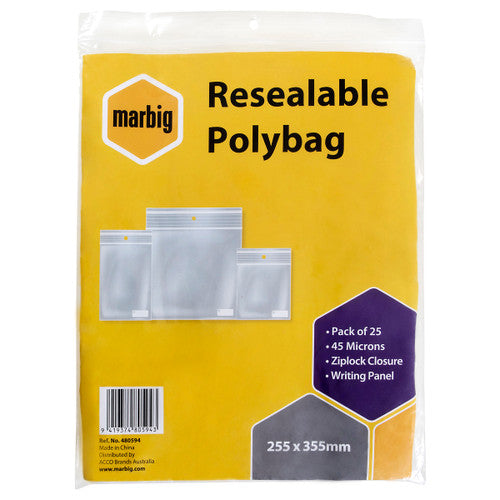 Marbig Resealable Polybag retail pack of 25, 255 x 355mm, yellow header listing 45 Microns, Ziplock Closure and Writing Panel