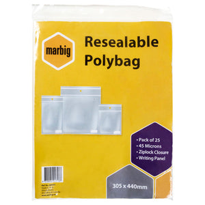 Marbig Resealable Polybag pack in 305 x 440mm, yellow header showing Pack of 25, 45 Microns, Ziplock Closure and Writing Panel with clear bags in the window