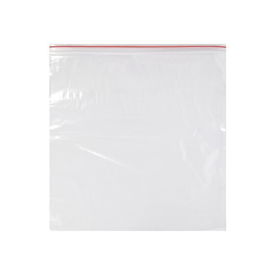 Square clear Marbig resealable polybag, 330 x 330mm, lying flat with a red seal line along the resealable top edge