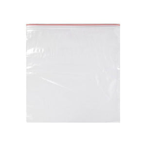 Square clear Marbig resealable polybag, 330 x 330mm, lying flat with a red seal line along the resealable top edge
