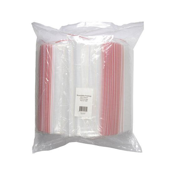 Marbig bulk bag of square resealable polybags with a white label reading Resealable Polybag 330 x 330mm, Pack of 1000