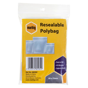 Marbig Resealable Polybag retail pack of 50, 65 x 75mm, yellow header card listing Pack of 50, 45 Microns and Ziplock Closure