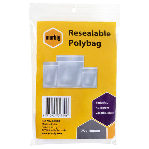 Marbig Resealable Polybag pack of 50, 75 x 100mm, yellow printed header card with Pack of 50, 45 Microns and Ziplock Closure