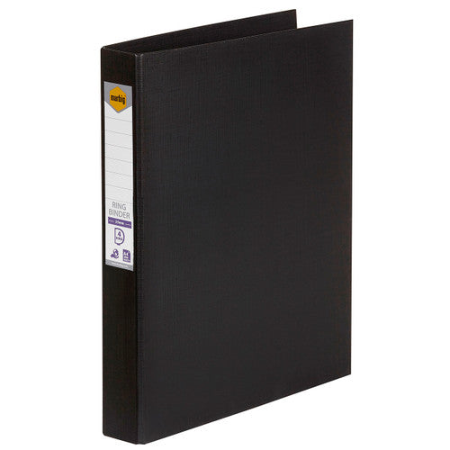 Black Marbig A4 ring binder at an angle, printed spine label reading Ring Binder 25mm, 4 Ring and A4 200 sheets