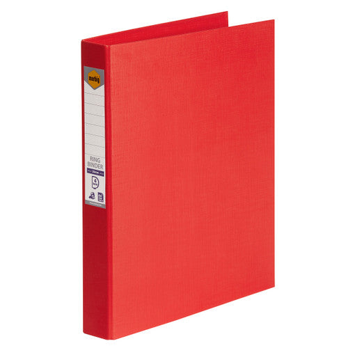 Red Marbig A4 ring binder at an angle with a printed spine label showing 25mm, 4 Ring and A4 200 sheets