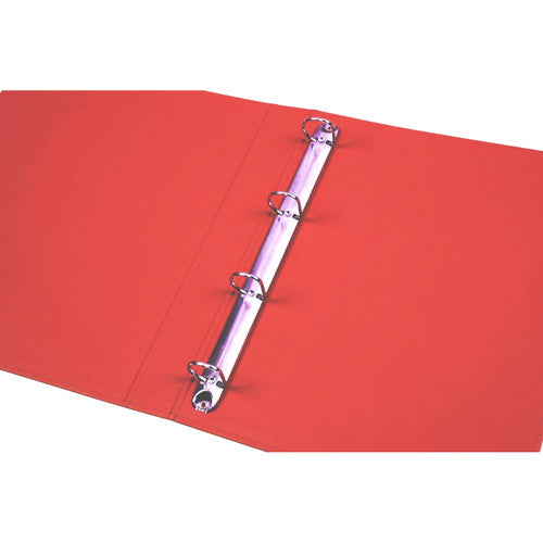 Red Marbig 5024103 binder opened flat, four metal rings in a line along the rail inside the red cover